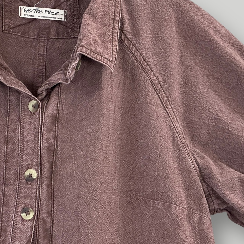 We The Free Shirt Womens Extra Small Purple Button Up 3/4 Sleeve Cotton Casual - Picture 2 of 9